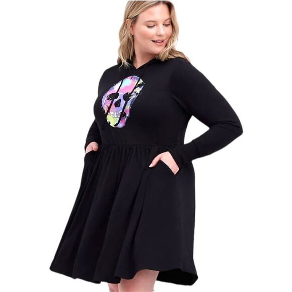 TORRID SUPER SOFT BLACK HOODED SKULL PRINT PLUS SIZE SKATER DRESS SIZE SIZE 2X - Picture 2 of 16